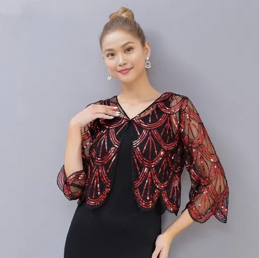 Sequin Short Sleeve Cardigan For Women  Elegant Cover-up & Oem