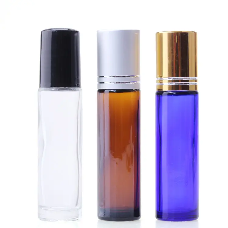 10ml chiaro/ambra/blu riutilizzabile rullo di vetro sulla bottiglia con il nastro/nero/oro cap essenziale bottiglia di profumo di olio