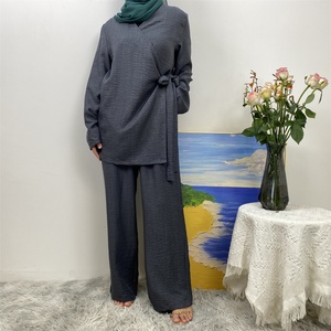 Conjunto de Dos Piezas de Lino Suave para Mujer, Moda 2025, con Cinturón Cruzado, Blusa Kimono, Pantalones con Bolsillos y Cintura Elástica, Estilo Abaya - Product Image 5