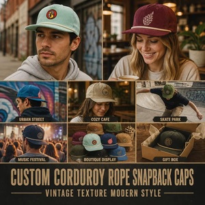 Casquette Snapback Vintage Personnalisée <span class=keywords><strong>en</strong></span> Velours Côtelé à 6 Panneaux, Visière Plate, Patch <span class=keywords><strong>en</strong></span> Cordon, Vierge, Réglable, Vente <span class=keywords><strong>en</strong></span> Gros, OEM, Faible MOQ - Product Image 2