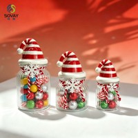 Toples Kaca Topi Santa Natal dengan Tali Salju, Wadah Bergaris Berbagai Ukuran, Pot Penyimpanan Dapur & Dekorasi Meja Meriah