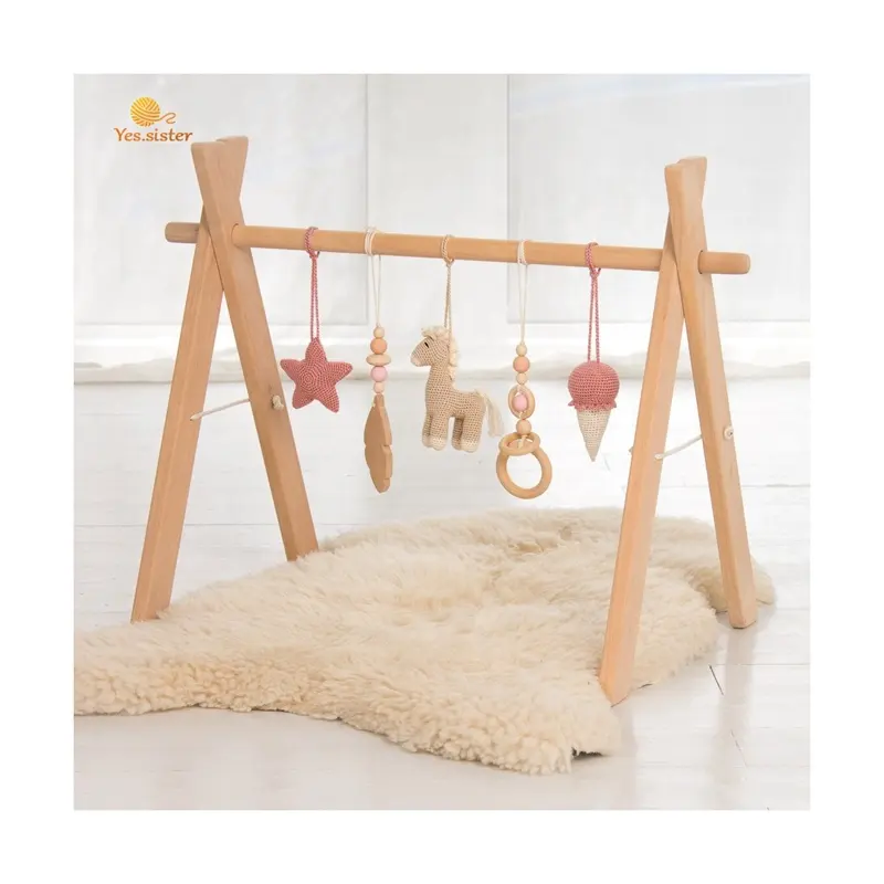 Conjunto de anéis de madeira para recém-nascidos, crochê, pendurado, brinquedos montessori, cavalo, bebê, jogar, academia