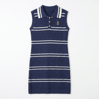 Robe midi en maille sans manches bleu marine à rayures pour femme, col polo, broderie ancre, simple et polyvalente, vêtement d'extérieur tricoté