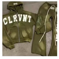Setelan Training Pria 550 GSM 100% Katun Custom Puff Print dan Bordir Street Wear Hoodie Zipper dan Jogger 2 Potong