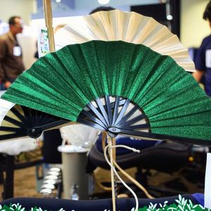 New Arrival 13-Inch Large Portable Bamboo Plastic Hand Fan Eco-Friendly 33cm Green <b>Glitter</b> Rave Carved Decoration Foldable - Product Image 3