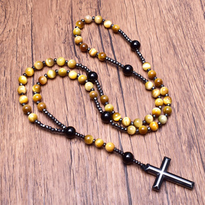 <span class=keywords><strong>Rosario</strong></span> in Occhio di Tigre Dorato e Onice con Croce in Ematite, Collana Lunga per Uomo, Gioiello <span class=keywords><strong>Rosario</strong></span> Cattolico in Pietra Naturale - Product Image 2