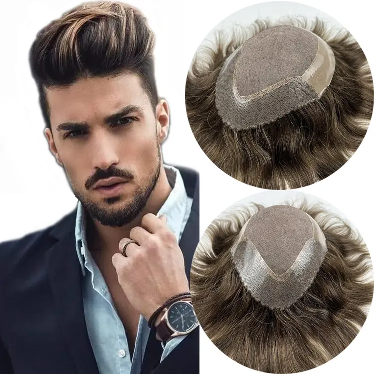 Grosir Wig filamen Mono tahan lama pria, Wig pengganti rambut manusia kualitas tinggi untuk pria