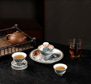 Service à <span class=keywords><strong>thé</strong></span> Gongfu chinois traditionnel en céramique <span class=keywords><strong>Dragon</strong></span> Cloud avec Gaiwan et tasses à <span class=keywords><strong>thé</strong></span>, coffret cadeau en bois de qualité supérieure pour cadeaux d'affaires - Product Image 4