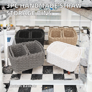 Handmade 3pcs Soft Straw Woven Storage <b>Bins</b> <b>Rectangle</b> Office Organizing Decorative Paper Rope Storage Boxes Natural Rattan for - Product Image 2