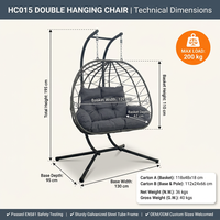 Fauteuil suspendu double en rotin tressé avec support et coussin, chaise longue balançoire pour jardin, terrasse et balcon