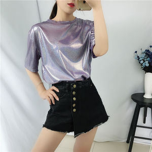 New <span class=keywords><strong>Summer</strong></span> Retro Style Stilvolle helle Seide Frau <span class=keywords><strong>Tops</strong></span> Shiny Loose Kurzarm T-Shirt Sexy Club Ästhetische Harajuku Frauen T-Shirt - Product Image 2