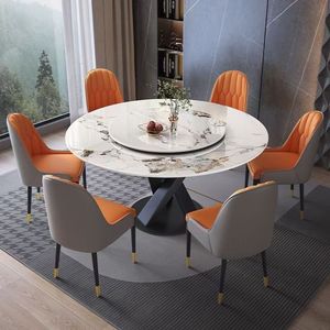 Juego de Comedor Moderno Convertible de Piedra Sinterizada con 6 Sillas, Plato Giratorio Lazy Susan, Base de Acero al Carbono, Ensamblado, para Familias Grandes - Product Image 3