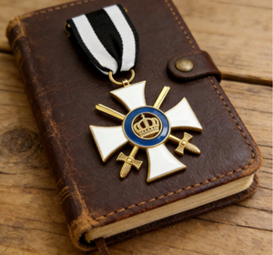Broche personnalisée style vintage en forme de croix, épinglette émaillée <span class=keywords><strong>Couronne</strong></span> et Épées avec ruban, Médaille de collection - Product Image 2