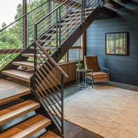 Escalier d'intérieur moderne flottant avec lumière LED, rampe droite en verre pour appartement, sous-sol, escalier d'intérieur préfabriqué en bois