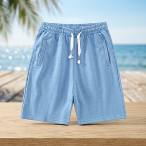 Shorts Bermuda décontractés pour hommes en coton uni avec poches, taille élastique, cordon de serrage, respirants, coupe mi-haute - Product Image 3