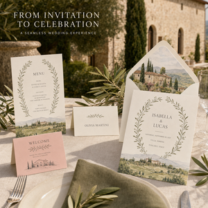 Suite d'invitations de mariage personnalisées illustrées sur le thème d'une destination, avec pochette imprimée paysage de villa et cartes en papier assorties - Product Image 6