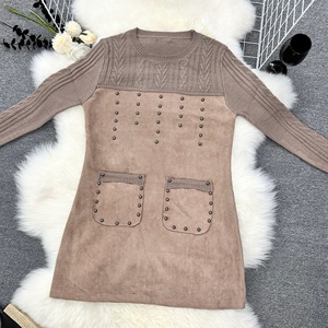 <span class=keywords><strong>Robe</strong></span> élégante <span class=keywords><strong>en</strong></span> <span class=keywords><strong>laine</strong></span> à col rond pour femmes avec rivet Neek <span class=keywords><strong>grande</strong></span> <span class=keywords><strong>taille</strong></span> Simple mode motif solide automne ODM approvisionnement - Product Image 1