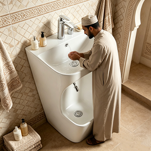 Lavabo en céramique moderne de style moyen-oriental musulman, tout-en-un, pour visage, mains et pieds, avec robinet monotrou, petit lavabo <span class=keywords><strong>colonne</strong></span> élégant - Product Image 1