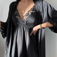 Pyjama en satin de soie pour femmes, lingerie, camisole en dentelle, vêtements de nuit avec robe
