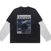 T-shirt à manches longues pour homme, personnalisé, surdimensionné, noir délavé, avec impression DTG motif palmier, effet vieilli et usé, style streetwear