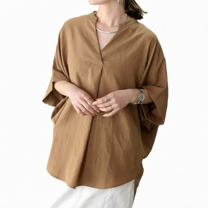 Women's Linen V-Neck Blouse Kimono <b>Sleeve</b> Asymmetric Loose Fit Solid Color Minimalist Style Breathable <b>Long</b> <b>Top</b> - Product Image 1