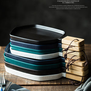 Plateau à salade en céramique avec manche en bois, pour <span class=keywords><strong>restaurant</strong></span> et hôtel, de style nordique, assiette à steak, couleur pure mate, 1 pièce - Product Image 5