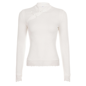 Haut en tricot à col montant pour femme, style chinois, avec boutons à nœuds, manches longues et bordure en dentelle, coupe ajustée, chemisier court uni à superposer - Product Image 6