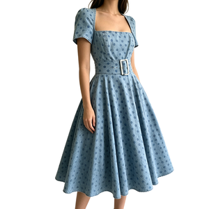 Robe trapèze mi-longue en jean à pois et dentelle, ceinturée, style vintage décontracté, pour femme – Meilleure vente - Product Image 2