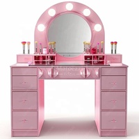 Coiffeuse moderne européenne en chêne massif avec miroir éclairé et armoire de rangement, finition rose, idéale pour appartement, réglable