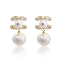 Boucles d'oreilles pendantes en zircon et perles, plaqué or épais sur cuivre, légères, effet amincissant, style français tendance, cadeau pour demoiselle d'honneur