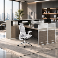 Poste de travail modulaire minimaliste pour 2 personnes avec cloison en verre et armoire latérale pour bureau ouvert