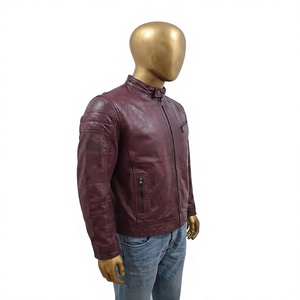 Mens Genuine Cowskin <b>Leather</b> <b>Jacket</b> Custom Dark Brown Stand Collar Biker Moto Zipper Pocket <b>Winter</b> Casual Embossed Knitted - Product Image 2