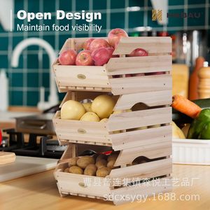 Cesta de almacenamiento de madera rectangular con asa para cocina, caja para guardar frutas y verduras - Product Image 2