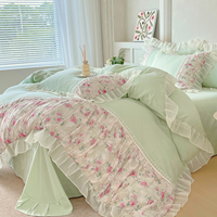 Nouvel ensemble de literie style princesse français, lavé, avec jupe de lit à volants en dentelle mignonne et féminine, housse de couette pour la décoration de chambre