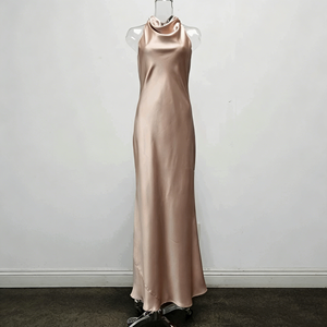 Vestido elegante francés de satén color champán con cuello halter, nuevo vestido de verano ajustado y adelgazante, falda larga. - Product Image 1