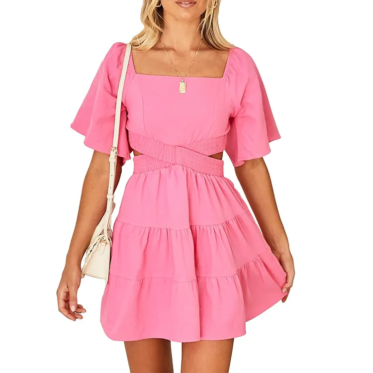 Women's Square Neck Short Sleeves Crossover Waist Casual Cute Preppy Party Backless Summer Mini Dress