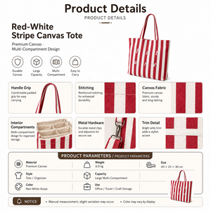 <span class=keywords><strong>Borsa</strong></span> Tote in Tela a Righe Rosse e Bianche con Ricamo '<span class=keywords><strong>Future</strong></span>', <span class=keywords><strong>Borsa</strong></span> a Tracolla per lo Shopping Quotidiano, Grande Capacità - Product Image 4