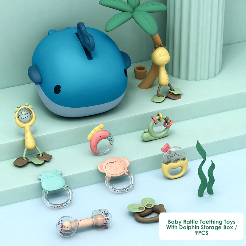 2021 Hot Dolphin Storage box Multiple Quantity Baby Rattle bell teething toy set Wholesale