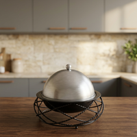 Plat de service rond en acier inoxydable de qualité supérieure avec couvercle en dôme et support métallique décoratif pour buffet, traiteur et table de salle à manger