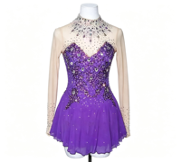 Robe de patinage artistique violette à manches longues, col montant, dos ouvert en maille, jupe ornée de strass pour filles adultes, compétition et performance