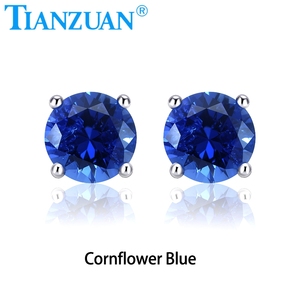 Pendiente de zafiro azul real/azul aciano creado en laboratorio 5-9mm con inclusiones forma redonda S925 pendientes de plata joyería - Product Image 1