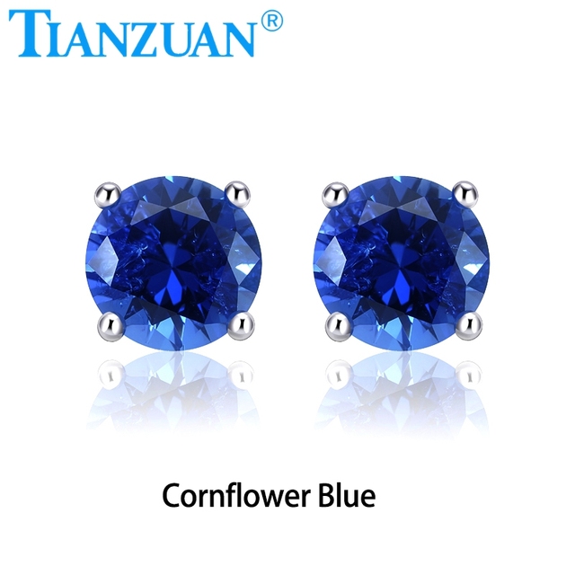 Lab Created Royal Blue/Cornflower Blue Sapphire Ear Stud 5-9mm with Inclusions Round Shape S925 Silver Earrings Jewelry