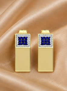 925 Sterling <b>Silver</b> Gold Plated Geometric Rectangle <b>Stud</b> Earrings with Blue Sapphire CZ and White Cubic Zirconia Modern - Product Image 6