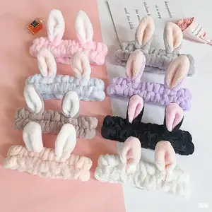 Groothandel Schattige Bunny Elastische Make-Up Spa Haarband Gezicht Wassen Koraalfluwelen Hoofdband Met Konijnenoren