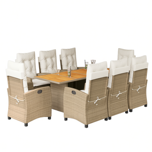 Ensemble de salle à manger de jardin en rotin beige 8 places, mobilier d'extérieur résistant aux intempéries, style contemporain, table en teck - Product Image 1