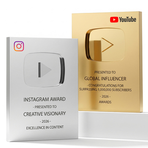 Plaque personnalisée style <span class=keywords><strong>YouTube</strong></span> pour créateurs, en métal or/argent, avec logo personnalisé, récompense pour reconnaissance des étapes importantes sur les réseaux sociaux, cadeaux - Product Image 1