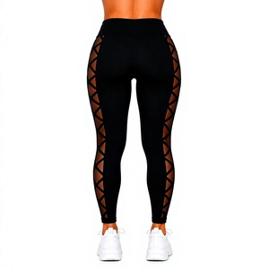 Leggings extensibles noirs taille haute pour femmes avec empiècements latéraux en maille – Pantalon de sport tendance pleine longueur - Product Image 2