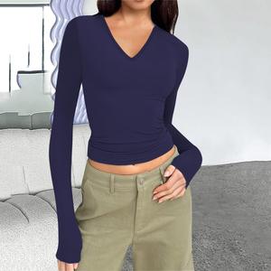 T-shirt court respirant pour femme, col en V, manches longues, coupe ajustée, en Spandex, couleur unie, décontracté, avec logo brodé, pour l'automne, l'hiver et l'été - Product Image 1