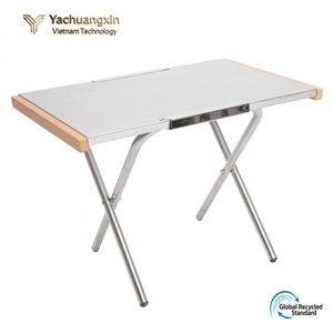 Aluminum Folding Outdoor <b>Table</b> with Birch Wood Edges Rectangular Cross Base Minimalist Design for Picnic <b>BBQ</b> Use - Product Image 6