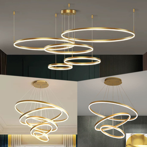 Lámpara Colgante LED Redonda Dorada Moderna, Altura Ajustable, Control Remoto, para Sala de Estar, Cuerpo de Aluminio, Luz Blanca Cálida 3500K - Product Image 1